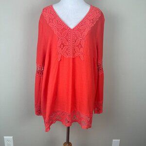 Lucy & Laurel Top Womens 1X Coral Long Sleeve Linen Blend Crochet Lace Boho Plus